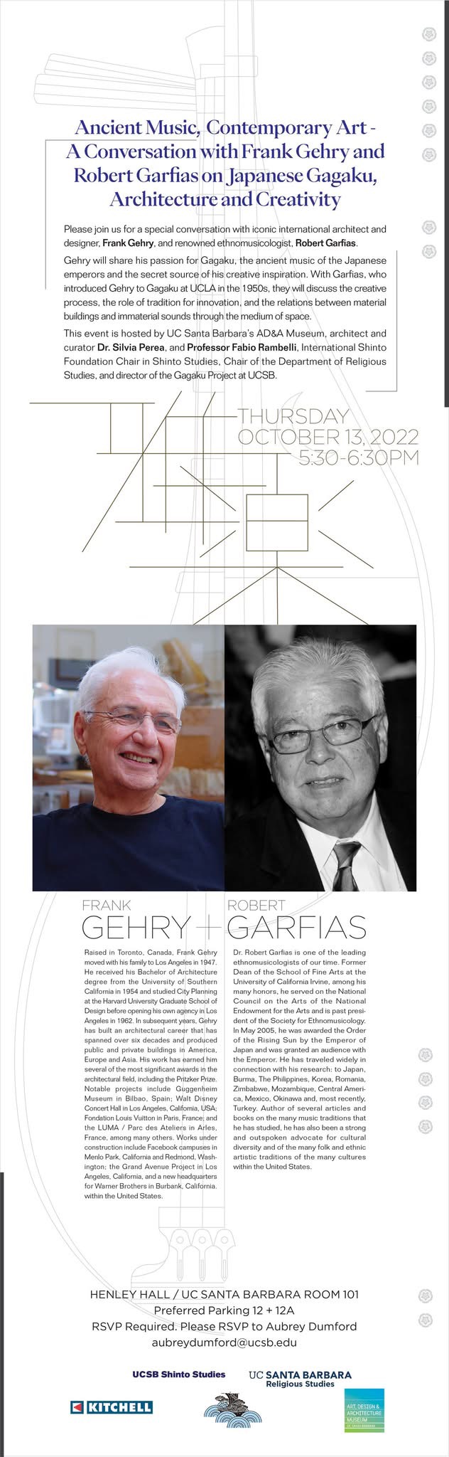 Event poster designed by Kio Griffith for Ancient Music, Contemporary Art, a conversation with Frank Gehry and Robert Garfias at UC Santa Barbara, October 13, 2022