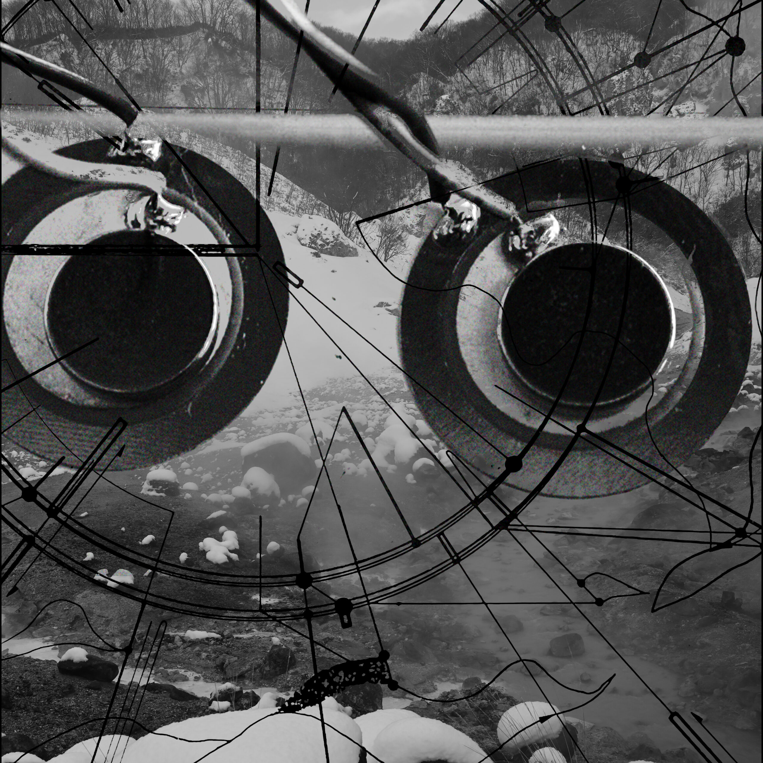 Black-and-white collage combining circular microphone elements, landscape photographs and graphic lines