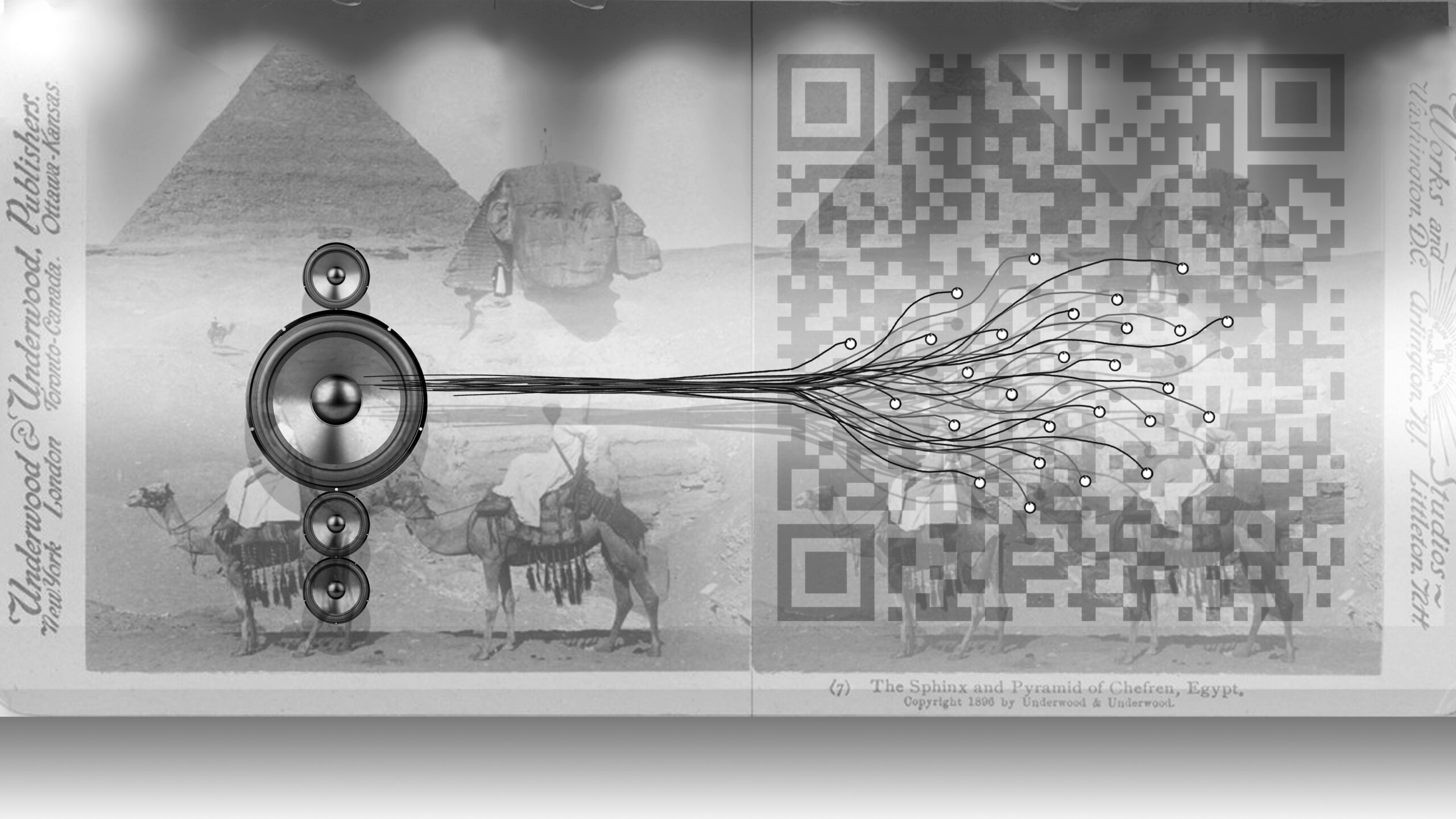 Early concept collage combining a speaker, branching lines, a QR code and a historical photograph