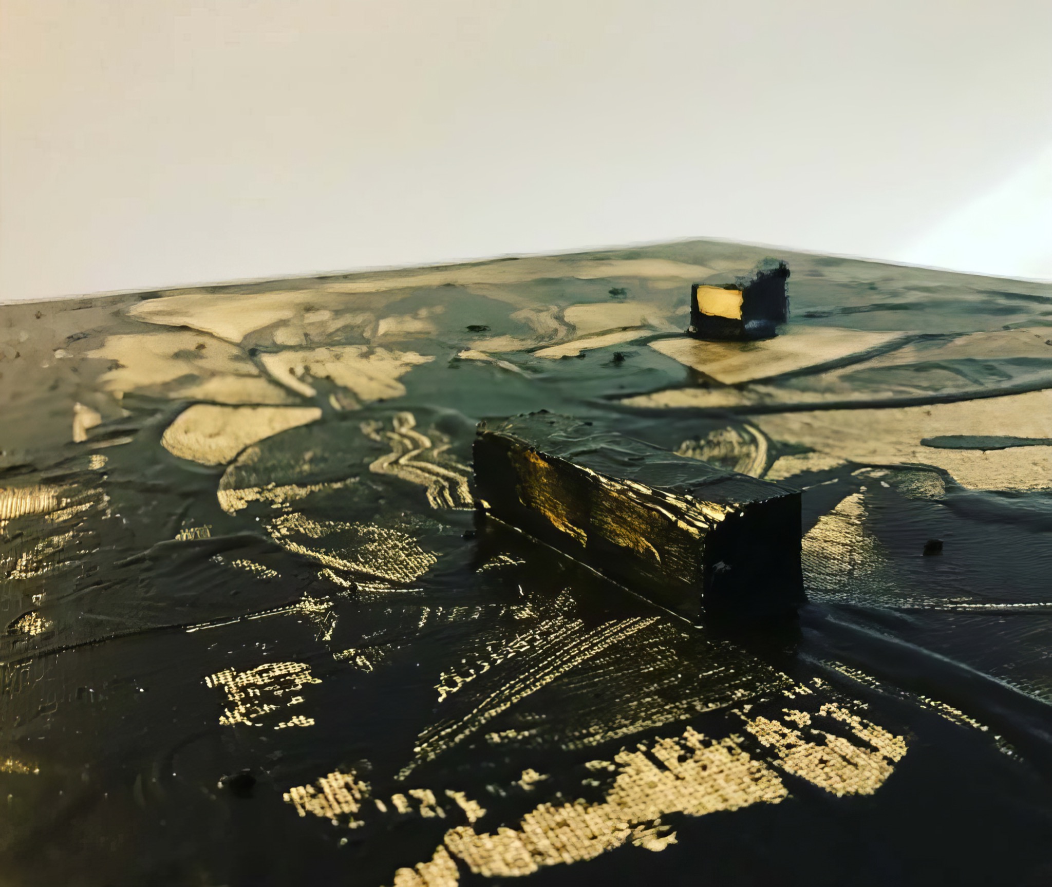 Low view across the painted surface and wood blocks