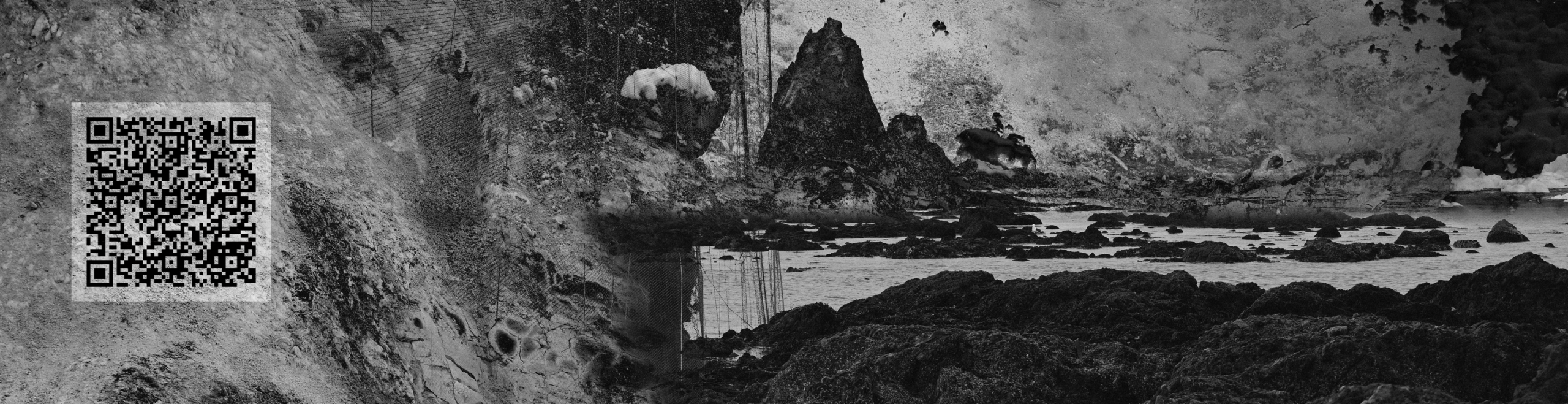 Left-hand panel combining rock, snow and shoreline imagery with an embedded QR code